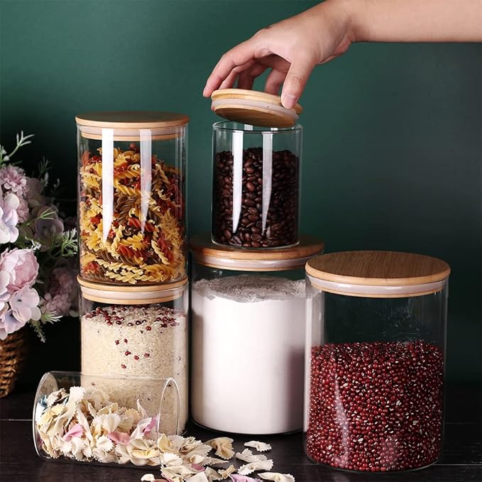 Glass flour Jars with Airtight Lids, 6 Pack Sugar and Flour Salt Containers Set, Extra Large Glass Rice Jar with Bamboo lid for Kitchen, Brown Suger, Beans, Groub Coffee (100OZ/54OZ/27OZ)-HomvellaHome