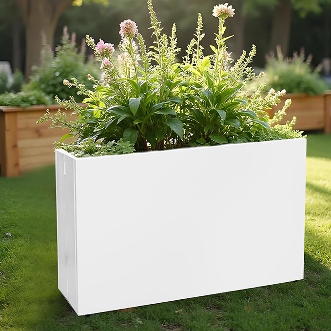 Galvanized Steel Planter Box-No Installation Required Metal Rectangular Block Long Box Planter Modern Outdoor Planters All-Weather Use with Drainage Holes for Patio/Porch, 36×24×12IN(White)-HomvellaHome