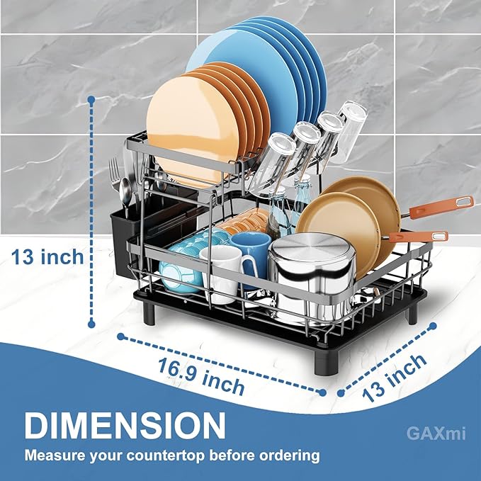 GAXmi Dish Drying Rack Over The Sink Dish Drainer with Drainboard Utensil Holder Cup Holder, 2-Tier Grey-HomvellaHome