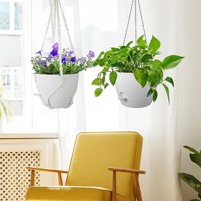 10 inch Self Watering Hanging Planters, 2 Pack Hanging Baskets for Indoor Outdoor Plants, Hanging Flower Pots with Drainage Holes and 2 Kinds of Plant Hangers for Garden Decor, Speckled White-HomvellaHome