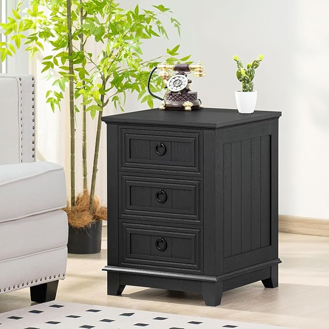 18" Night Stands Set of 2 with Charging Station, Farmhouse 2 & 3 Drawers End Table Dresser for Bedroom, Black Wooden Nightstand, Bed Side Table with Open Shelf, Bedside Cabinet for Living Room-HomvellaHome