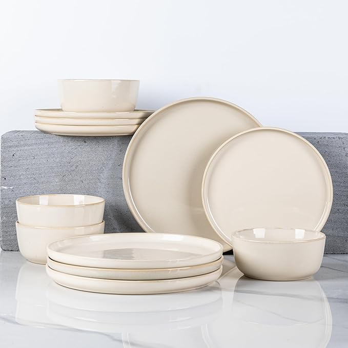 GBHOME Ceramic Dinnerware Sets for 4, 12 Pieces Stoneware Plates and Bowls Sets, Scratch Resistant Dishes, Dishwasher & Microwave Safe, Reactive Glaze-Vanilla color-HomvellaHome