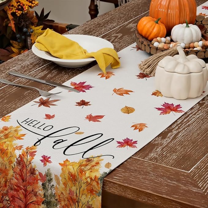 GEEORY Fall Watercolor Trees & Maple Leaves Table Runner 13x72 Inch, Rustic Farmhouse Autumn Thanksgiving Decor for Kitchen, Dining, Indoor/Outdoor Holiday Dinner Party Orange Red GT160-72-HomvellaHome