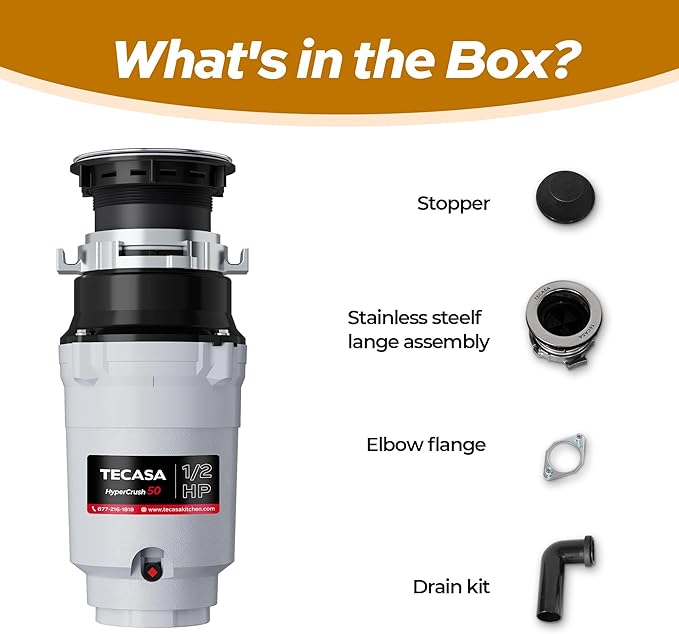 1/2 HP Garbage Disposals, TECASA Continuous Feed, Stainless Steel Food Waste Grinding System for Kitchen Sink Food Waste, Power Cord Included, UL Certified - HyperCrush 50-HomvellaHome