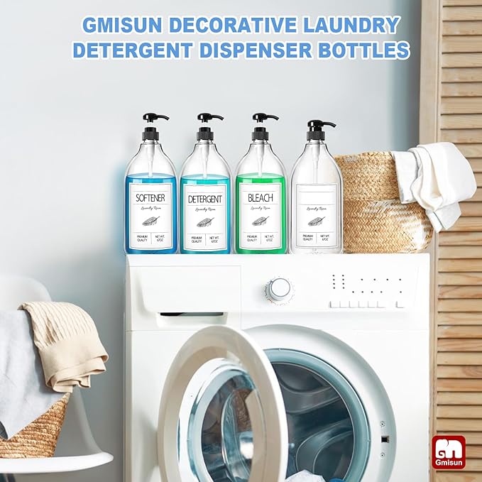 GMISUN Laundry Detergent Soap Dispenser, Liquid Laundry Detergent Dispenser, Container for Farmhouse Room Decor, Organizer for Liquid DetergentSoftenerBleach Storage Bottle(64 Oz Set of 4)-HomvellaHome