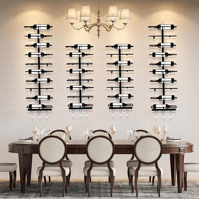 10 Bottle Wall Mount Wine Rack with Wine Glass Holder, Metal Wine Wall Rack, Wall Racks for Wine Bottles Display and Storage, Hanging Bottle Organizer for Living Dining Room Wine Cellar Bar (Black)-HomvellaHome