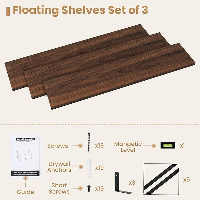 Heimlove 36 Inch Floating Bookshelves Set of 3,Heavy Duty Wall Mounted Bookshelves,Bookshelf for Living Room,Bedroom,Kitchen,Laundry Room Storage & Decor-Walnut Color-HomvellaHome