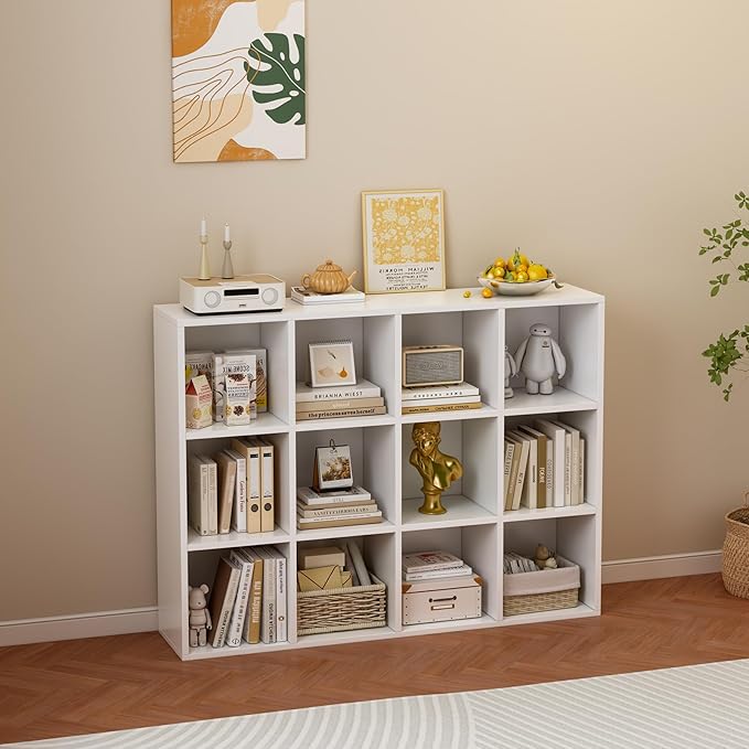 12-Cube Storage Shelf Bookcase - Wooden 3-Tier Floor Standing Open Bookshelf for Home and Office, Display Cabinet, Warm White-HomvellaHome