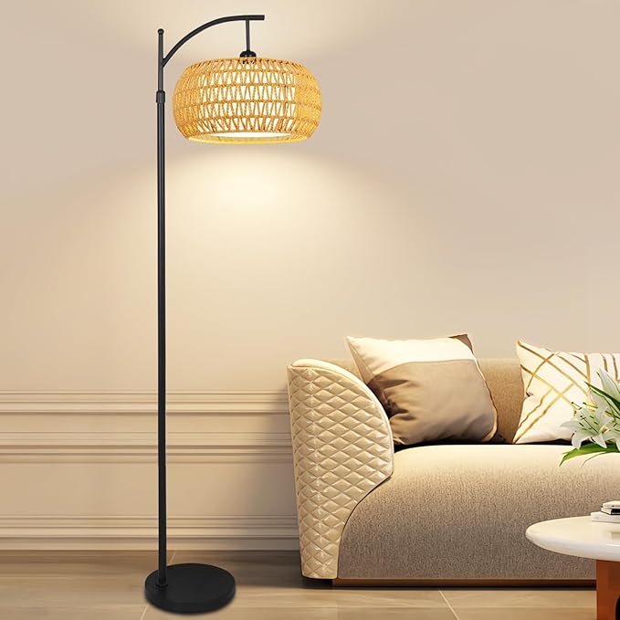 Arc Floor Lamps for Living Room Rattan Boho Floor Lamp with Remote Control,Dimmable LED Floor Lamp Wicker Lamp Shades Black Standing Lamp with 3 Color Temperature Tall Floor Lamps For Bedroom Corner-HomvellaHome
