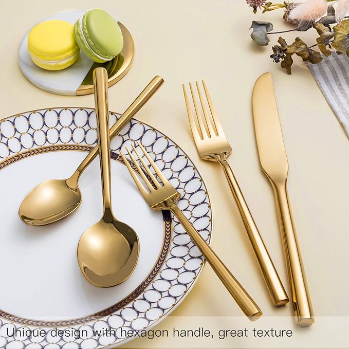 Gold Silverware Set Flatware Set Stainless Steel Cutlery Set 40 Pieces Hexagon Handle Home Kitchen Daily Use Service for 8-HomvellaHome