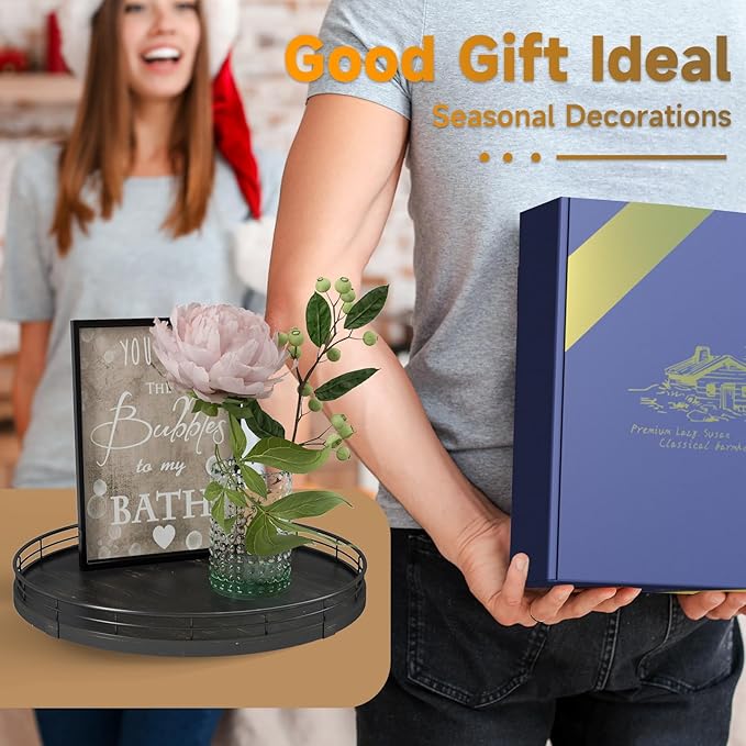 12" Oak Bathroom Vanity Tray Turntable for Perfume Candle, Round Wooden Decorative Tray for Kitchen Sink Countertop Organizer, Bathroom Counter Organizer for Skincare Makeup, Farmhouse Black Gold-HomvellaHome