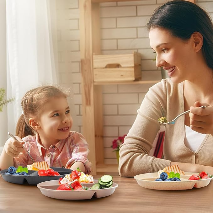 greenandlife 9 Inch 4PCS Unbreakable Portion Control Plates, Divided Plates for Kids Adults, Dishwasher & Microwave Safe Compartment Plate, Lightweight Reusable Wheat Straw Plate, BPA Free-HomvellaHome