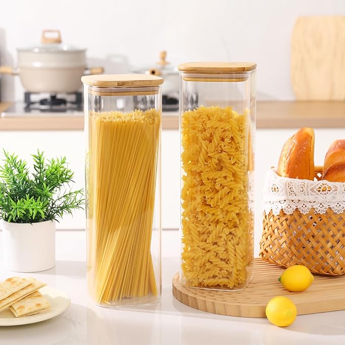 Glass Food Storage Jars with Lids(76oz)Square Set of 3 ,Glass Storage Containers Clear Glass Food Canister with Bamboo Lid Airtight For Serving Tea, Coffee Beans, Flour,Cookie, Cereal,Spice and More-HomvellaHome