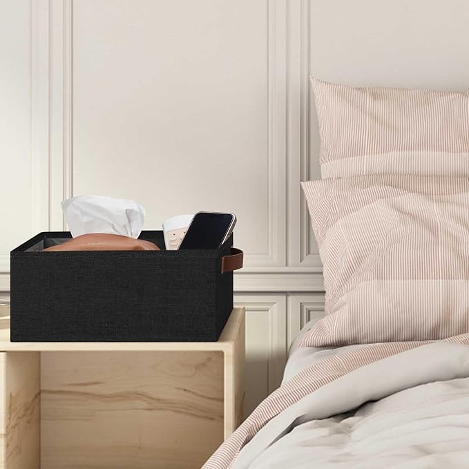 GhvyenntteS Small Fabric Storage Bins 6 Pack, 11.8" x 7.87" x 5.11" Storage Basket with Leather Handles, Closet Storage Bins for Shelves, Storage Baskets for Shelves, DVD Storage (Black)-HomvellaHome