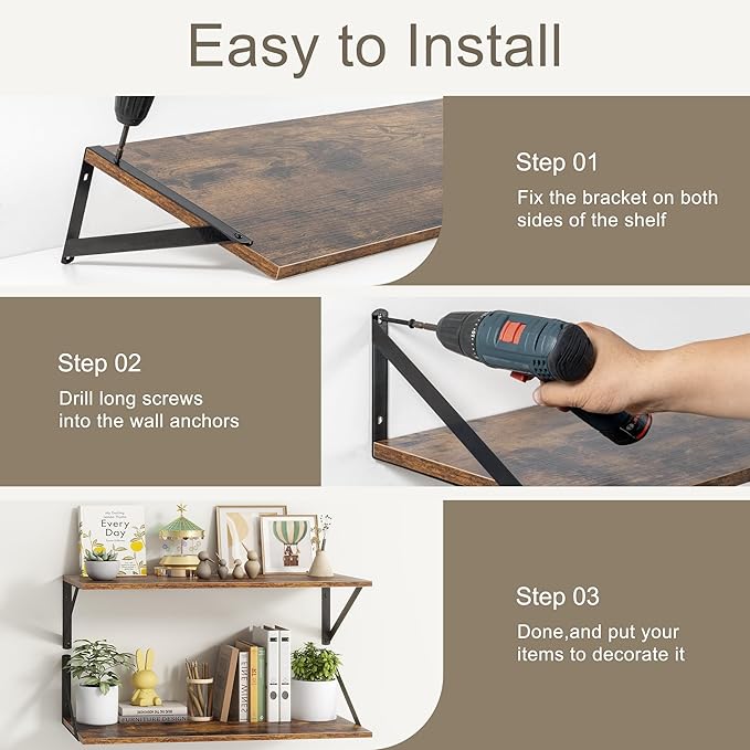 18"W x10"D Floating Shelves, Farmhouse Wall Shelves Home Decor Shelf, Deep Bathroom Shelves with Bracket, 10 Inch Deep Wall Shelf for Living Room, Kitchen, Bedroom, Rustic Brown, Set of 2-HomvellaHome