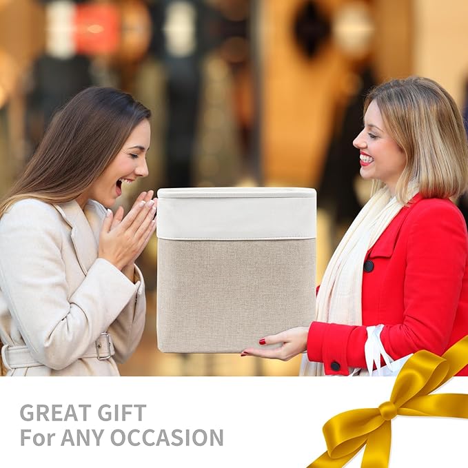 13x13 Cube Storage Bins, Collapsible Fabric Storage Box, 4 Pack Closet Baskets with Handles for Organizing, Shelf, Toys, Clothes, Home, Office, Nursery (Beige&White)-HomvellaHome