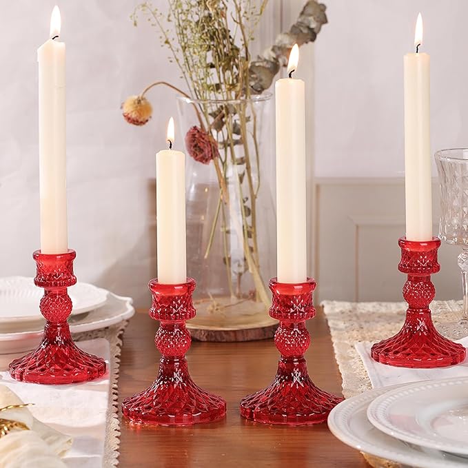 12Pcs Red Candlestick Holders Set- 4" H Taper Candle Holders Bulk, Glass Candle Holders for Activities, Party, Romantic Dinner Table Centerpieces, Festival Gifts & Windowsill Decor-HomvellaHome
