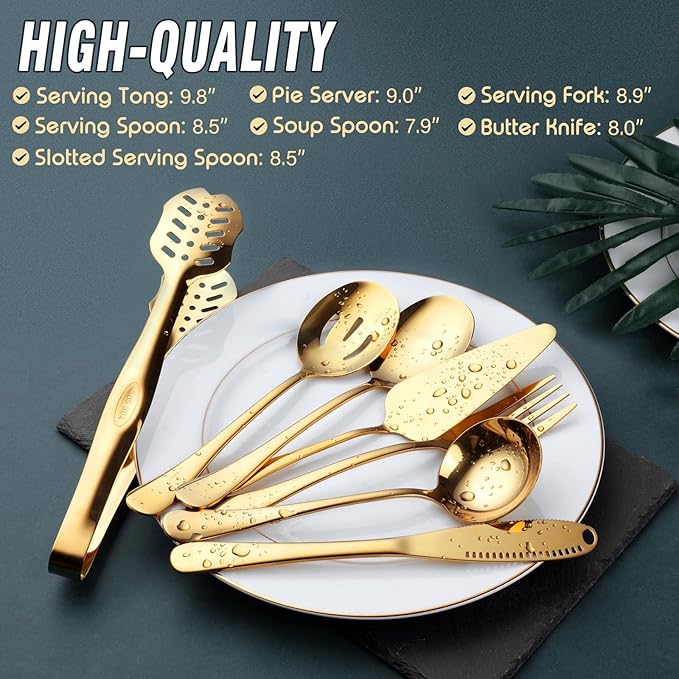 Gold Serving Utensils, OGORI 15-Piece Stainless Steel Gold Serving Utensils Set Include Serving Spoons, Slotted Serving Spoons, Serving Tongs, Serving Forks, Butter Knife, Soup Ladle, Pie Server-HomvellaHome