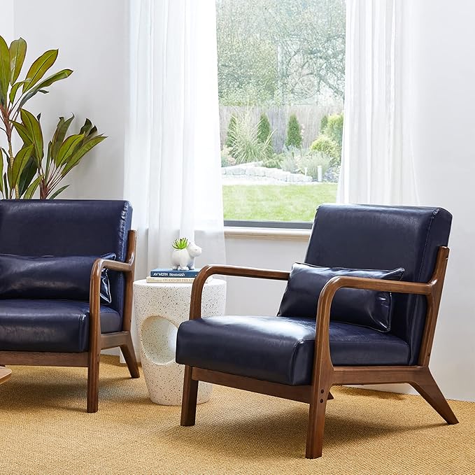 Glitzhome 2 Set Mid Century Navy Blue Accent Armchair, Single Reading Armchair PU Leather Lounge Chair with Walnut Ruberwood Frame-HomvellaHome