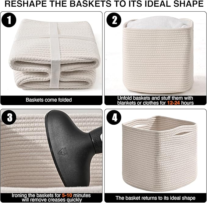 11 Inch Cube Storage Bins, Organizer Bins, Woven Cotton Rope Baskets for Storage, Storage Baskets for Organizing Shelves, White Basket for Toys, Off White (Pack of 3)-HomvellaHome