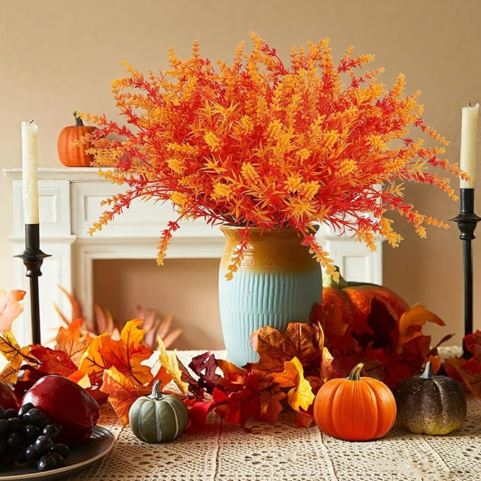 Geegoods 16 Bundles Artificial Fall Flowers Outdoor – Faux Lavender Flowers with Monkey Grass UV Resistant Plastic Faux Plants for Halloween Front Door Porch Patio Yard Balcony Decor, Orange Color-HomvellaHome