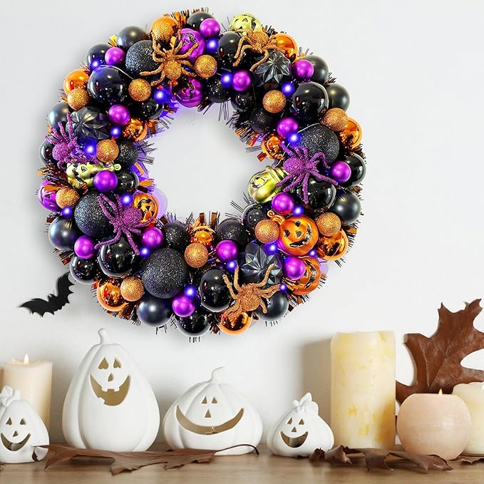 17 Inch Halloween Ball Wreath for Front Door with Lights, Lighted Cute Treat-or-Trick Door Wreath Ball Ornament for Halloween Indoor Decorations Centerpiece Party Holiday Wall Home Decor-HomvellaHome