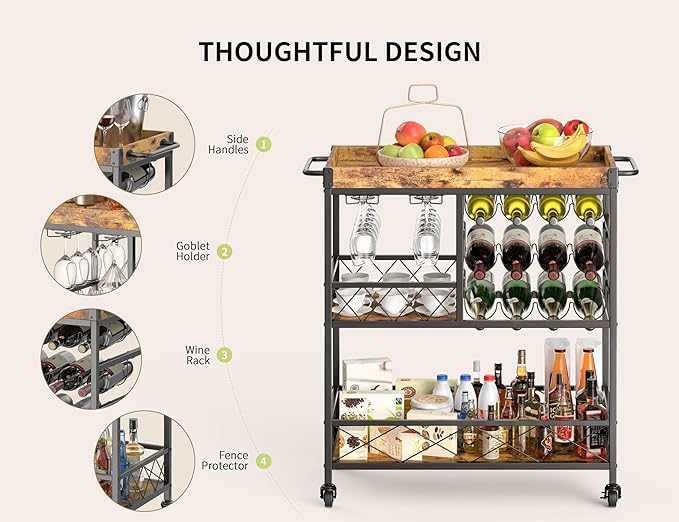 Gizoon Bar Cart, 3 Tier Coffee Cart with Lockable Wheels, 12-Bottle Wine Rack, and Hanging Glass Holder, Kitchen Rack with Removable Tray, for Kitchen, Dining Room, Entertaining, Club Party,Retro-HomvellaHome