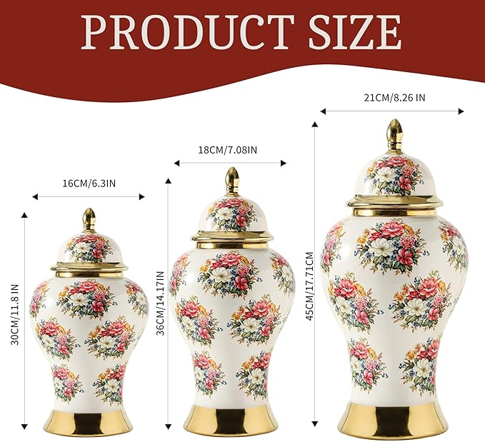 Ginger Jars for Home Decor, White Gold Ceramic Vase with Colorful Floral Pattern, Handmade Decorative Flower Vase with Lid for Home, Kitchen, Office, Table, Bookshelf, Mantle Fireplace,(18in)-HomvellaHome