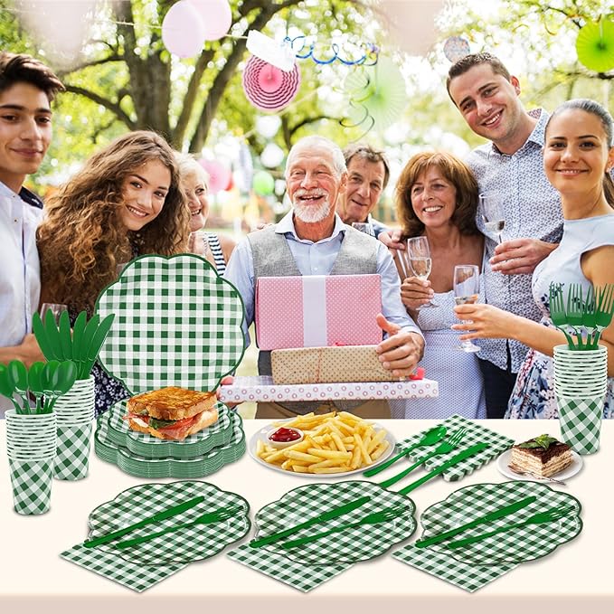 175 Pcs Green Gingham Plates and Napkins Party Supplies - Green and White Checkered Plates Sets Serve 25 Guests - Scalloped Gingham Paper Plate for Birthday Picnic BBQ Golf Party Decorations-HomvellaHome