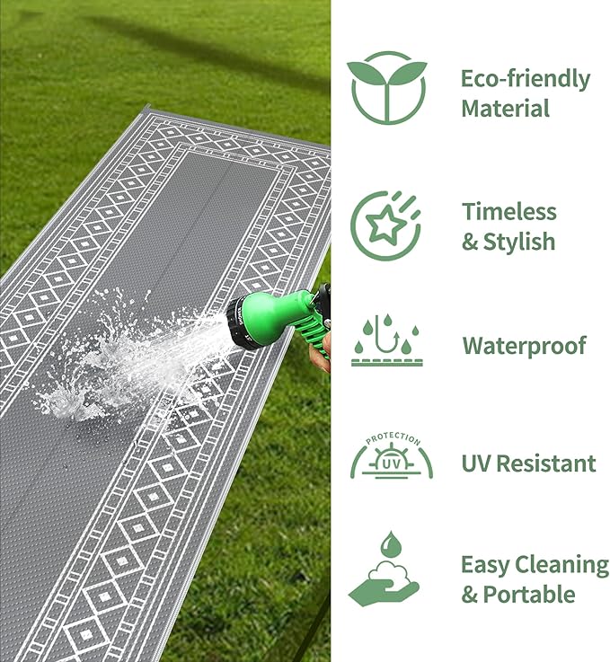 GENIMO Outdoor Rug Waterproof for Patio, 2.5'x8' Foldable Reversible Plastic Straw Runner Rugs and Carpet for Porch, Outside Area Mat for Rv, Deck, Picnic, Camper, Balcony, Beach, Grey & White-HomvellaHome