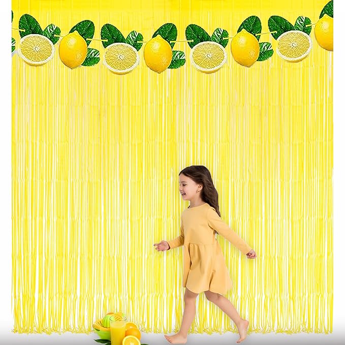 Yellow Streamers Party Backdrop - GREATRIL Foil Fringe for Pineapple/Lemon/Truck/Race Birthdays Party Decoration - 3.2ft X 8.2ft - 2 Packs