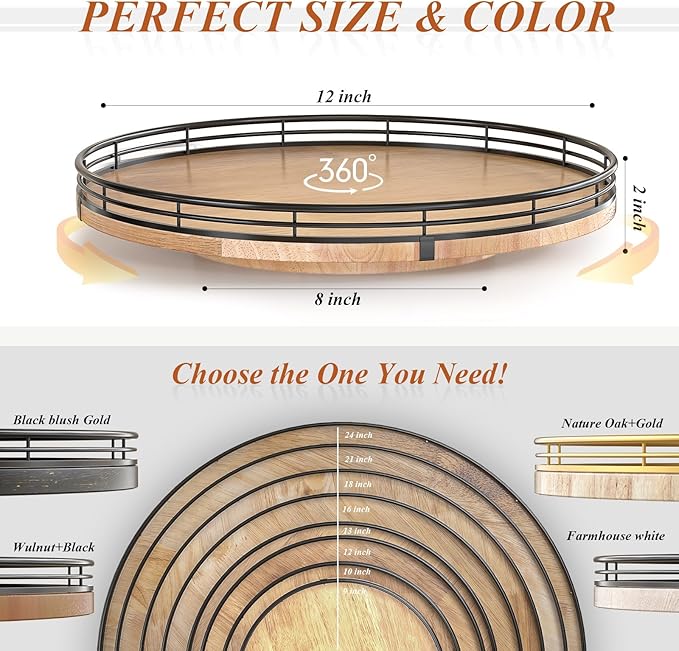 12" Lazy Susan Oak Wood Turntable Organizer for Cabinet, Farmhouse Round Wooden Lazy Susan Organization and Storage for Dining Table, Pantry, Kitchen, Bathroom, Countertop, Cupboard, Home Decor-HomvellaHome