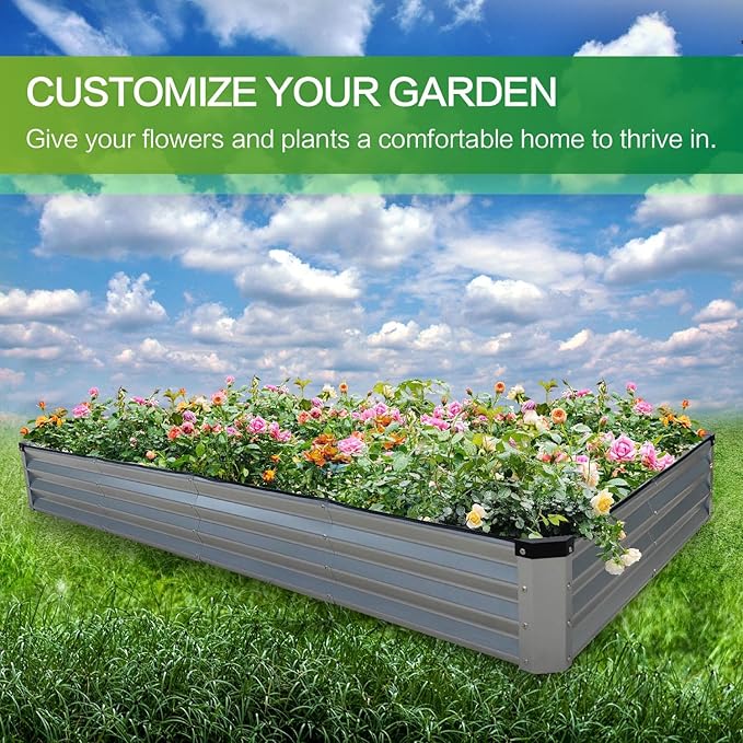 GARDMAX 8x4x1FT Galvanized Raised Garden Bed Kit, Metal Planter Boxes Outdoor with Easy Assembly, Large Garden Bed for Vegetables, Fruits, Flower, Herbs Rectangle Silver-HomvellaHome