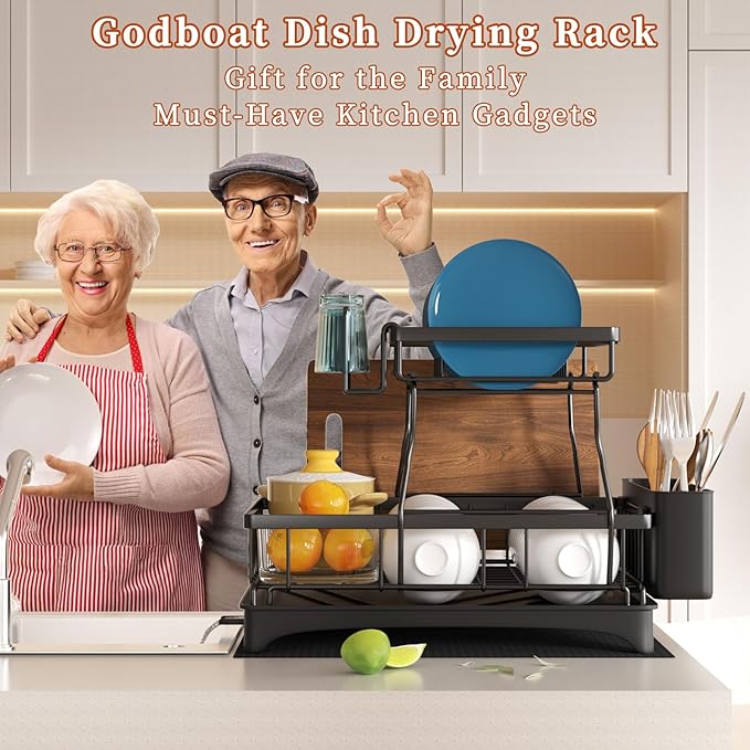 Godboat Dish Drying Rack, 2-Tier Dish Rack with Auto-Drain & Mat, Dish Racks for Kitchen Counter, Dish Drainer with Knife, Fork & Cup Rack, Gifts for Women, Mothers Day, Cool Stuff & Kitchen Gadgets-HomvellaHome