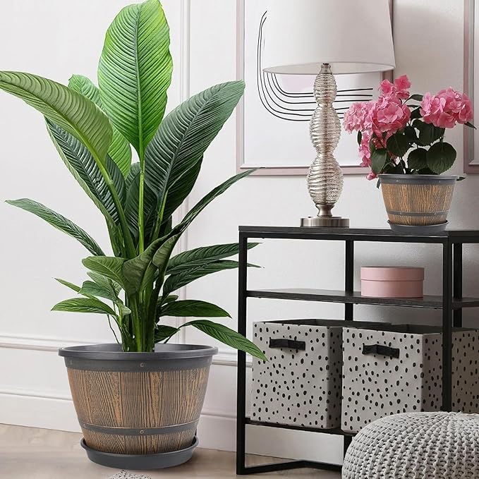 16-inch-Plant-Pots-Indoor-Outdoor, 4 Pack Large Whiskey Barrel Planters with Drainage Holes & Saucer, Plastic Flower Pots Imitation Wine Barrel Design, Decorative Garden Pots for Plants-HomvellaHome