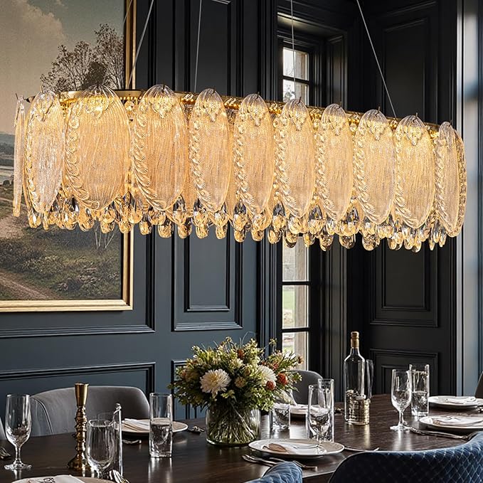 Gold Rectangle Modern Chandeliers for Dining Room Light Fixture, Water Ripple Crystal Glass LED Chandelier for Kitchen Island Bar Living Room, 2700K-6000K-HomvellaHome