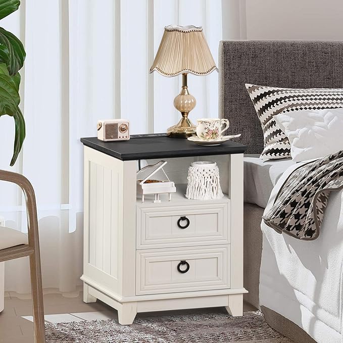18" Farmhouse Night Stands Set of 2 with Charging Station, 2 Drawers End Table Dresser for Bedroom, Wooden Nightstand, Bed Side Table with Open Shelf, Bedside Cabinet for Living Room(White)-HomvellaHome