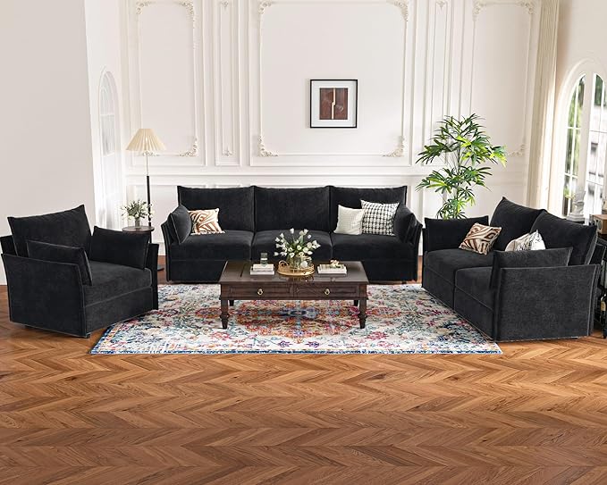 134.6" Oversized Modular Sectional Sofa, 6 Seater U Shaped Couch with Storage Ottoman with Reversible Chaise Deep Seat for Living Room, Apartment - Chenille Black-HomvellaHome