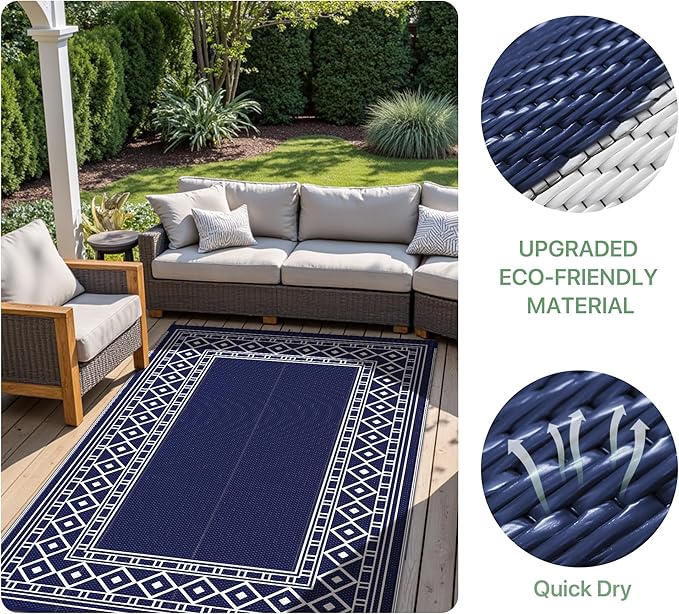 GENIMO Outdoor Rug Waterproof for Patio Decor, 9'x12' Foldable Reversible Plastic Straw Carpet for Travel Trailers, Outside Area Mat for Rv, Deck, Picnic, Porch, Camper, Balcony, Beach, Blue & White-HomvellaHome