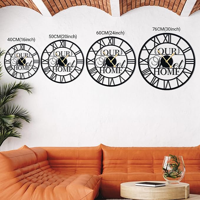 LBC.JzJu24inches/60cm Large Wall Clocks Battery Powered No Ticking Silent Round Black Modern Unique Metal Wall Clocks Suitable Living Room Kitchen Bedroom Fireplace Office Farmhouse。