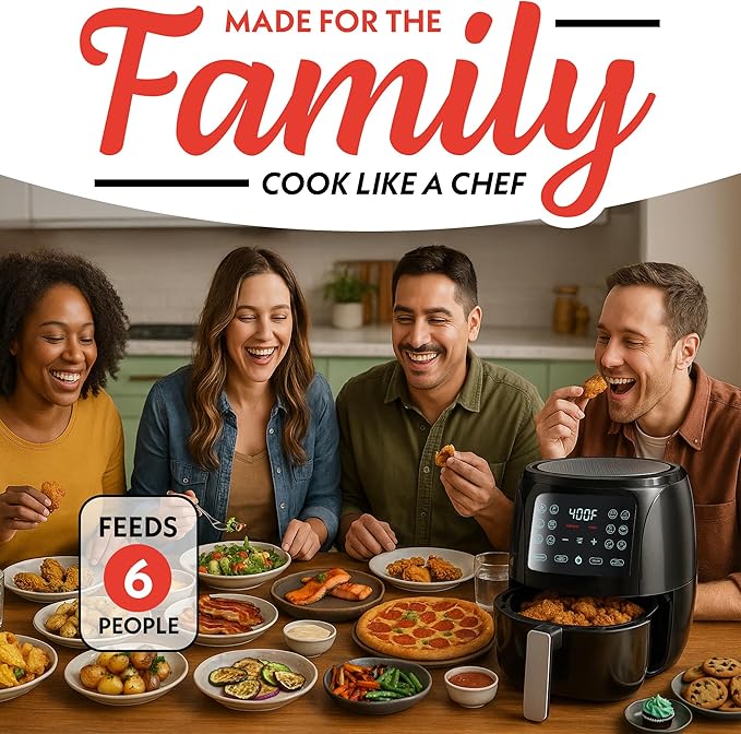 Gourmia Air Fryer 6 QT Digital – Guided Cooking with 12 One‑Touch Presets, FryForce 360 Large XL Basket, Touchscreen, Dishwasher‑Safe Accessories, Healthy No‑Oil Cooking GAF686-HomvellaHome