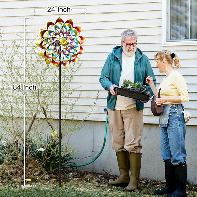 Garden Wind Spinners Outdoor Large Metal, 84'' Yard Art Wind Sculptures & Spinners, Windmills Gifts for Mother's Day Birthday Lawn Patio Decor(Rainbow)-HomvellaHome