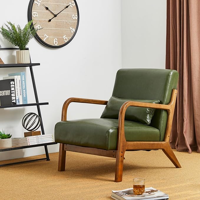 Glitzhome Mid Century Hunter Green Accent Armchair, Single Reading Armchair PU Leather Lounge Chair with Walnut Ruberwood Frame-HomvellaHome