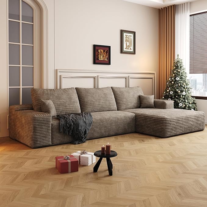 108" Sectional Couches for Living Room Modern Modular Sofa with L-Shape Couchs Upholstered Boneless Couch Deep Seat Sectional Couch with Chaise (Camel, Right Facing Chaise+2Seaters)-HomvellaHome