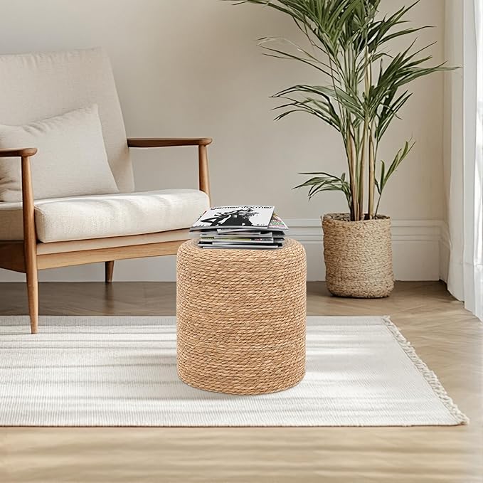 16'' Round Ottoman Natural Seagrass Braided Poof Hand Weaving Round Ottomans Boho Footrest Stool for Home Living Room Bedroom Patio(Natural)-HomvellaHome