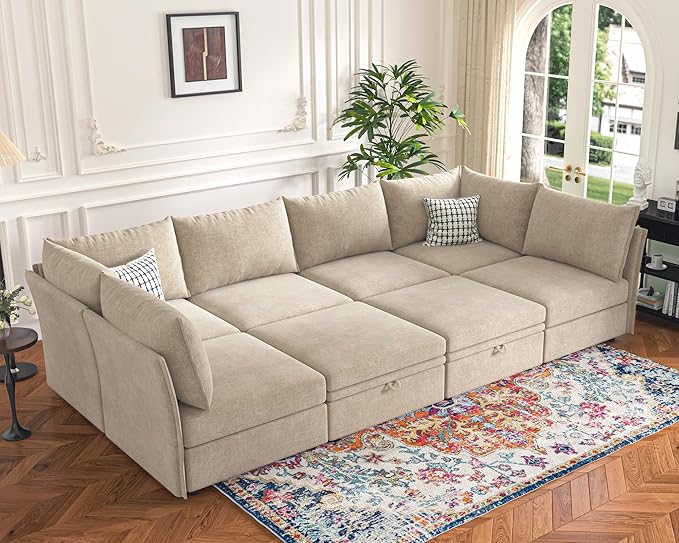 136.4" Oversized Modular Sectional Sofa, U Shaped Convertible Couch with Movable Ottoman, Large 7 Seat Corner Couches for Living Room Deep Seat Beige Chenille-HomvellaHome