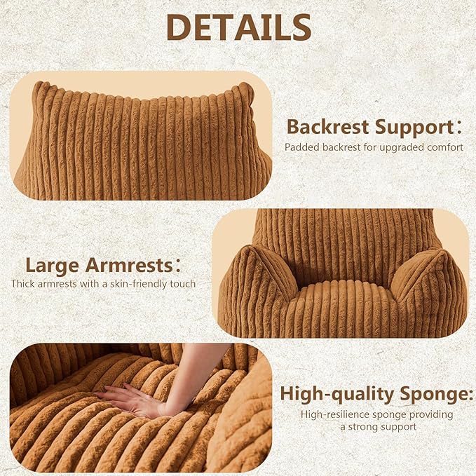 Giant Bean Bag Chairs for Adults Teens, Large Bean Bag Sofa Chairs with Filling Comfy Fuzzy BeanBag Chair with Armrests for Bedroom Living Room Reading (Brown, Large)-HomvellaHome