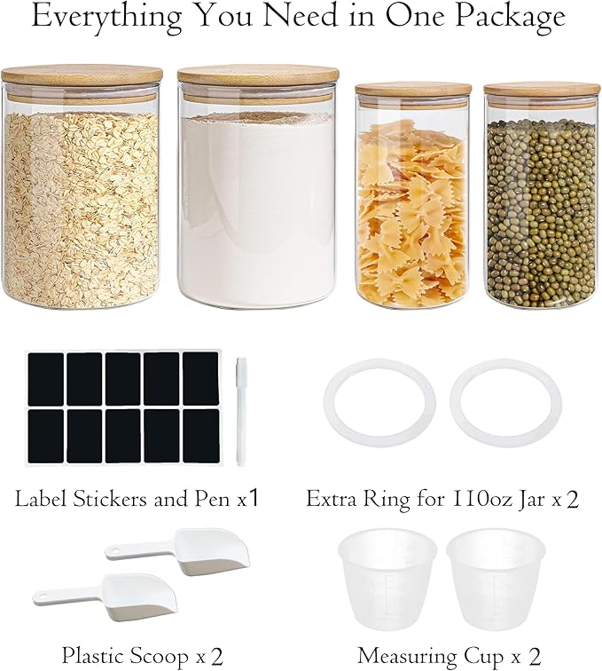 Glass Storage Jars Set Elegant Containers with Airtight Bamboo Lids, Perfect for Kitchen Organization - Flour, Rice, Pasta, Sugar, Coffee Beans (2 packs(37oz) / 2 packs(111oz))-HomvellaHome