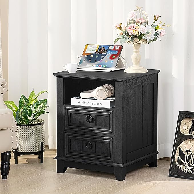 18" Night Stands Set of 2 with Charging Station, Farmhouse 2 Drawers End Table Dresser for Bedroom, Black Wooden Nightstand, Bed Side Table with Open Shelf, Bedside Cabinet for Living Room-HomvellaHome