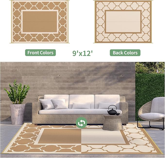 GENIMO 9' x 12' Outdoor Rug for Patio Clearance, Waterproof Indoor Outdoor Plastic Straw Rugs Carpet, Reversible Outside Area Rv Mat for Camping, Balcony Porch, Deck, Picnic, Beach (Brown & Beige)-HomvellaHome